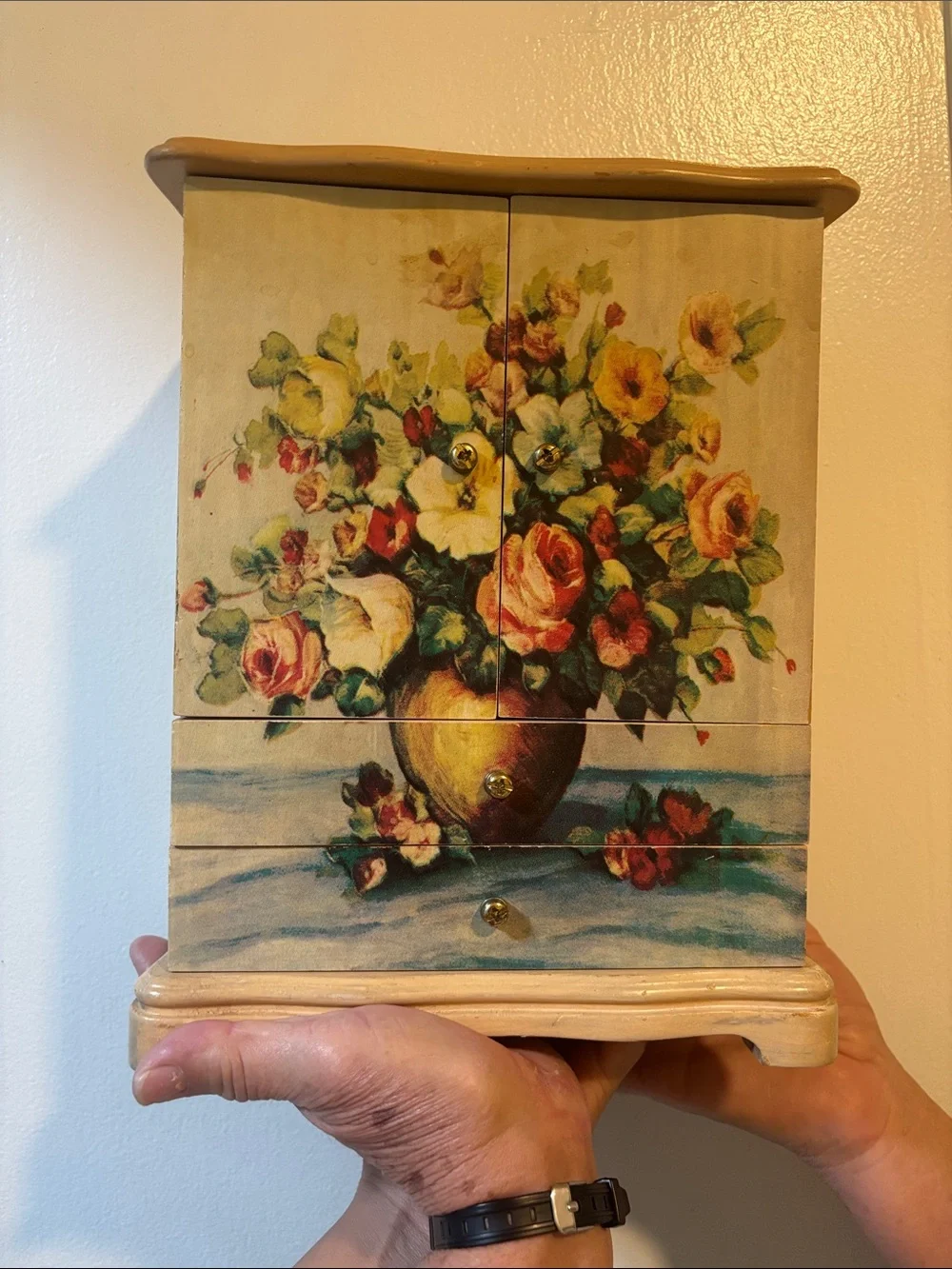 Floral Hand-Painted Wooden Jewelry Box - Yellow & Pink Bouquet